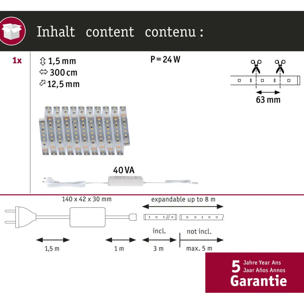 LED-valonauhasetti Paulmann MaxLED 1000, 1.5m, 11W, 1100lm/m, 4000K, 30VA, neutraali valkoinen