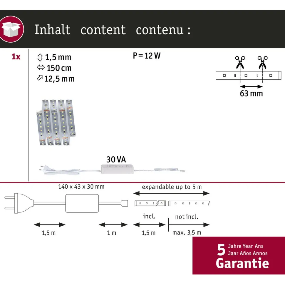 LED-valonauhasetti Paulmann MaxLED 1000, 1.5m, 11W, 1100lm/m, 4000K, 30VA, neutraali valkoinen