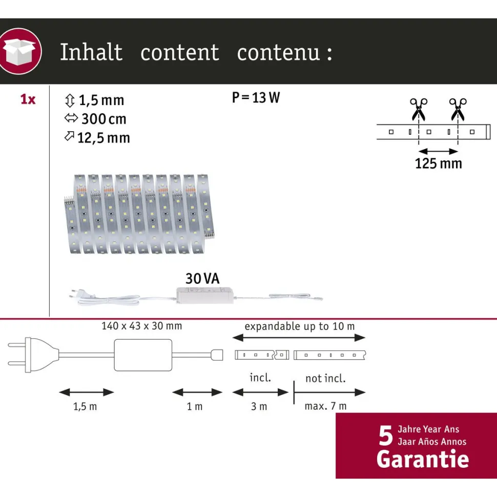 LED-valonauhasetti Paulmann MaxLED 500, 1.5m, 5.5W, 550lm/m, 4000K, 20VA, neutraali valkoinen