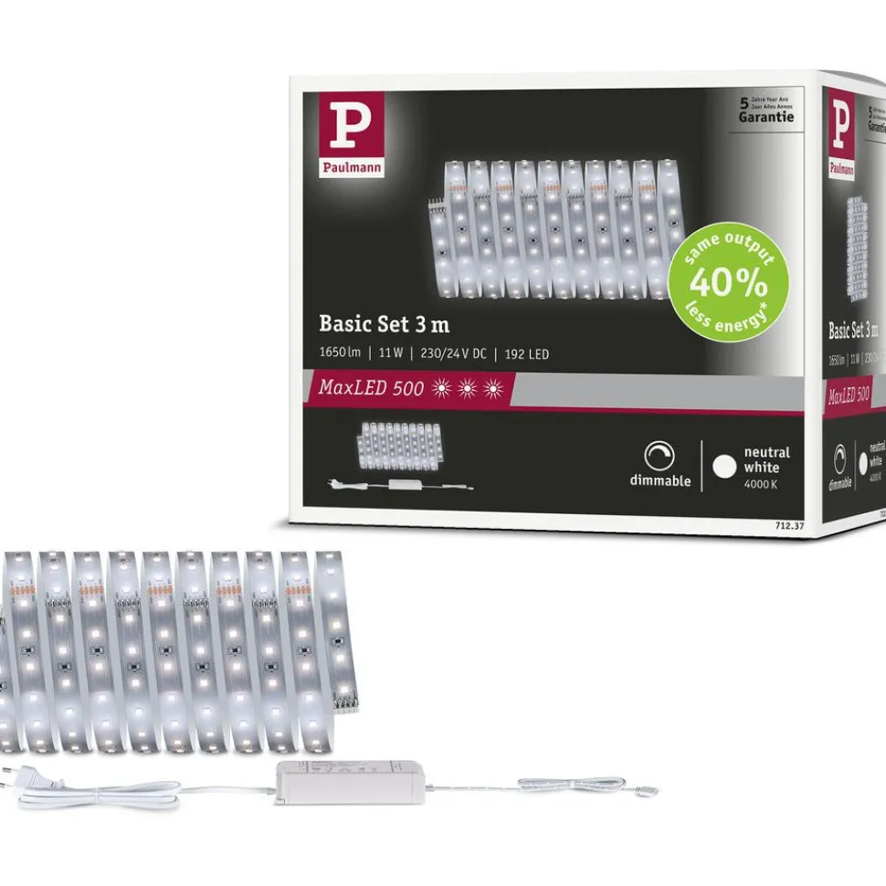 LED-valonauhasetti Paulmann MaxLED 500, 1.5m, 5.5W, 550lm/m, 4000K, 20VA, neutraali valkoinen