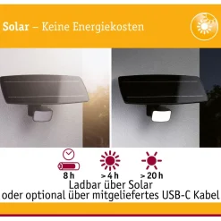 LED-valonheitin aurinkokennolla Paulmann Solar Flotas, hämäräohjattu liiketunnistin (HF), IP65, 3000K, 700lm, antrasiitti