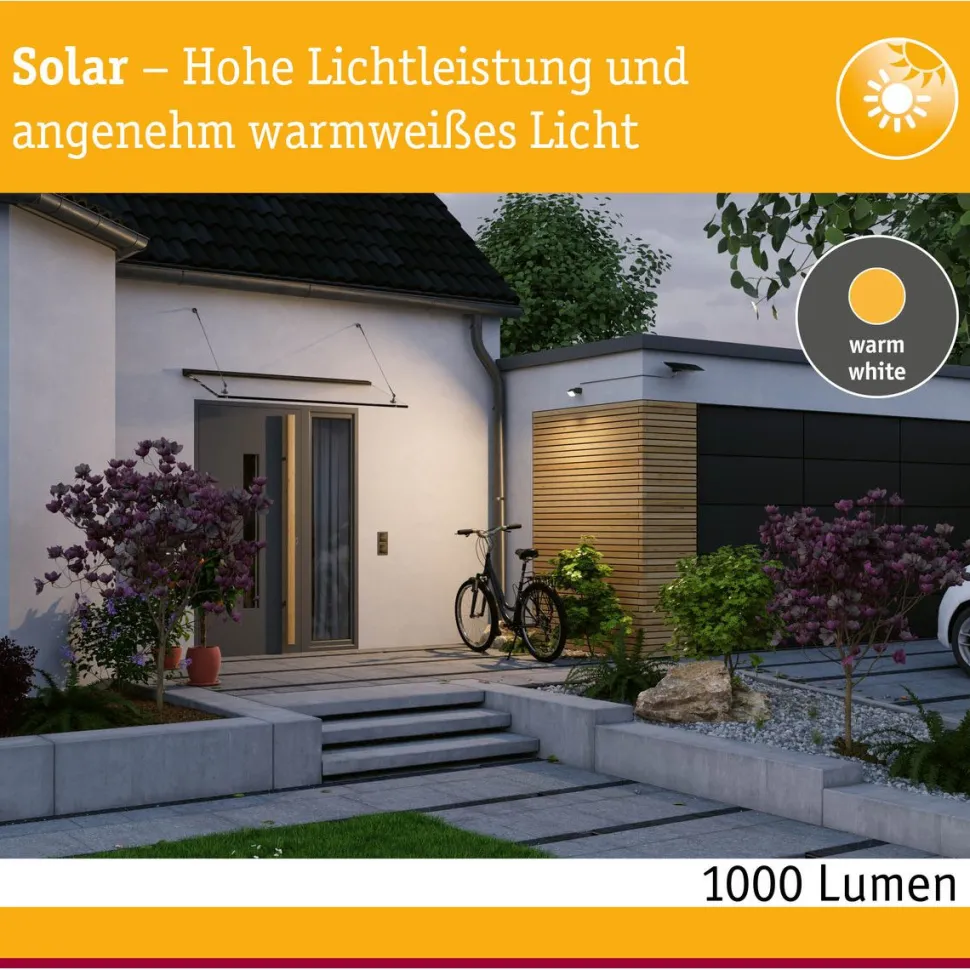 LED-valonheitin aurinkokennolla Paulmann Solar Flotas, hämäräohjattu liiketunnistin (HF), IP65, 3000K, 700lm, antrasiitti
