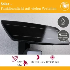 LED-valonheitin aurinkokennolla Paulmann Solar Flotas, hämäräohjattu liiketunnistin (HF), IP65, 3000K, 700lm, antrasiitti