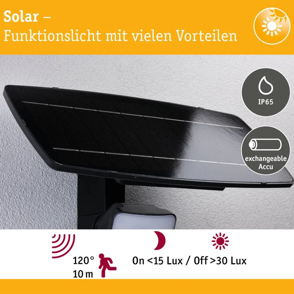 LED-valonheitin aurinkokennolla Paulmann Solar Flotas, hämäräohjattu liiketunnistin (HF), IP65, 3000K, 700lm, antrasiitti