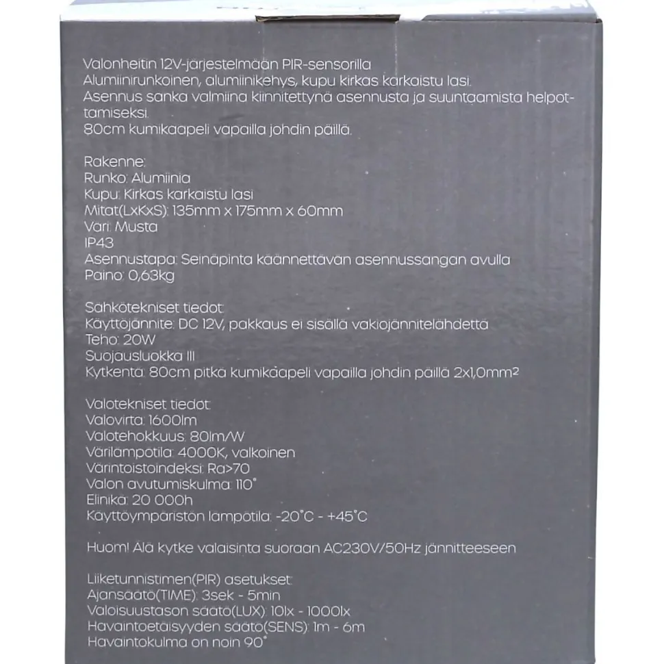 LED-valonheitin LED Energie 20 W 12 V 1600 lm 4000 K IP43 0,8 m kumikaapeli PIR-sensori