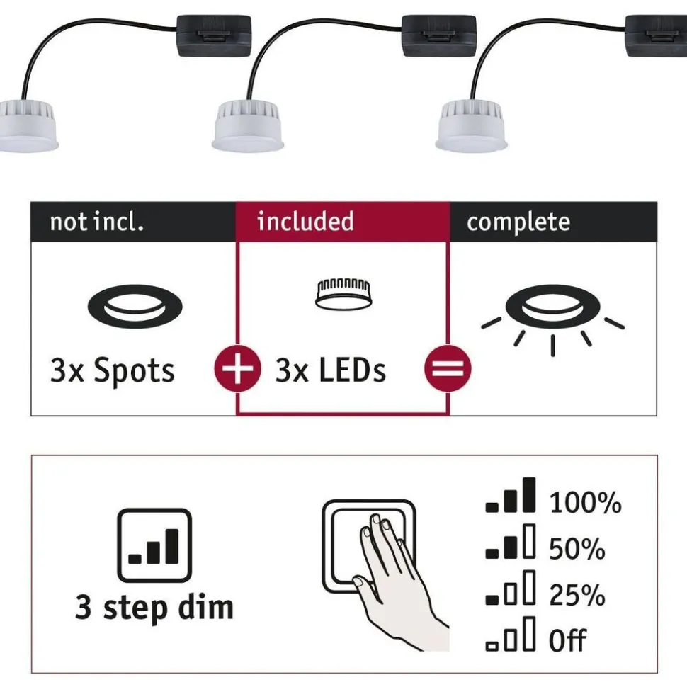 LED-valonlähde Choose-valaisimiin Paulmann, 3kpl, Ø50mm, 6W, 470lm, 2700K, himmennettävä, satiini