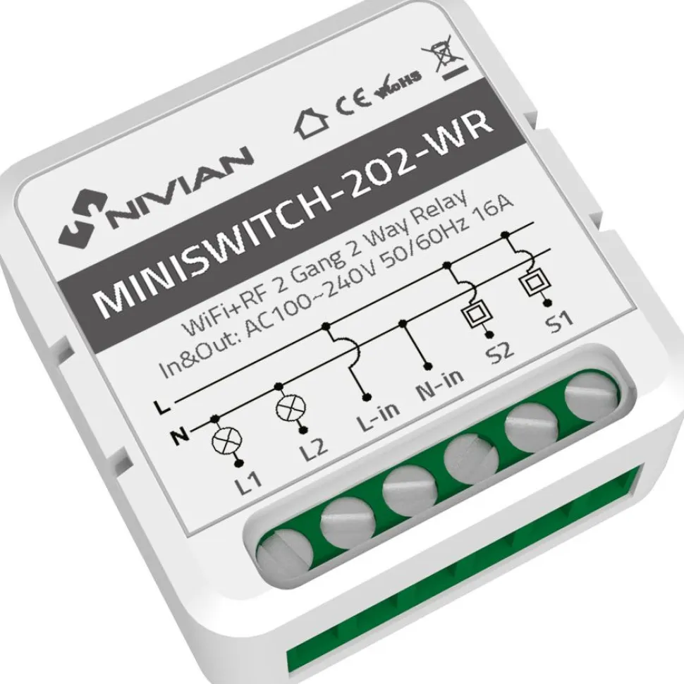 Minikokoinen virtakytkin Celotron Nivian Smart, 2 relettä, TUYA Smartlife Wifi/Wlan
