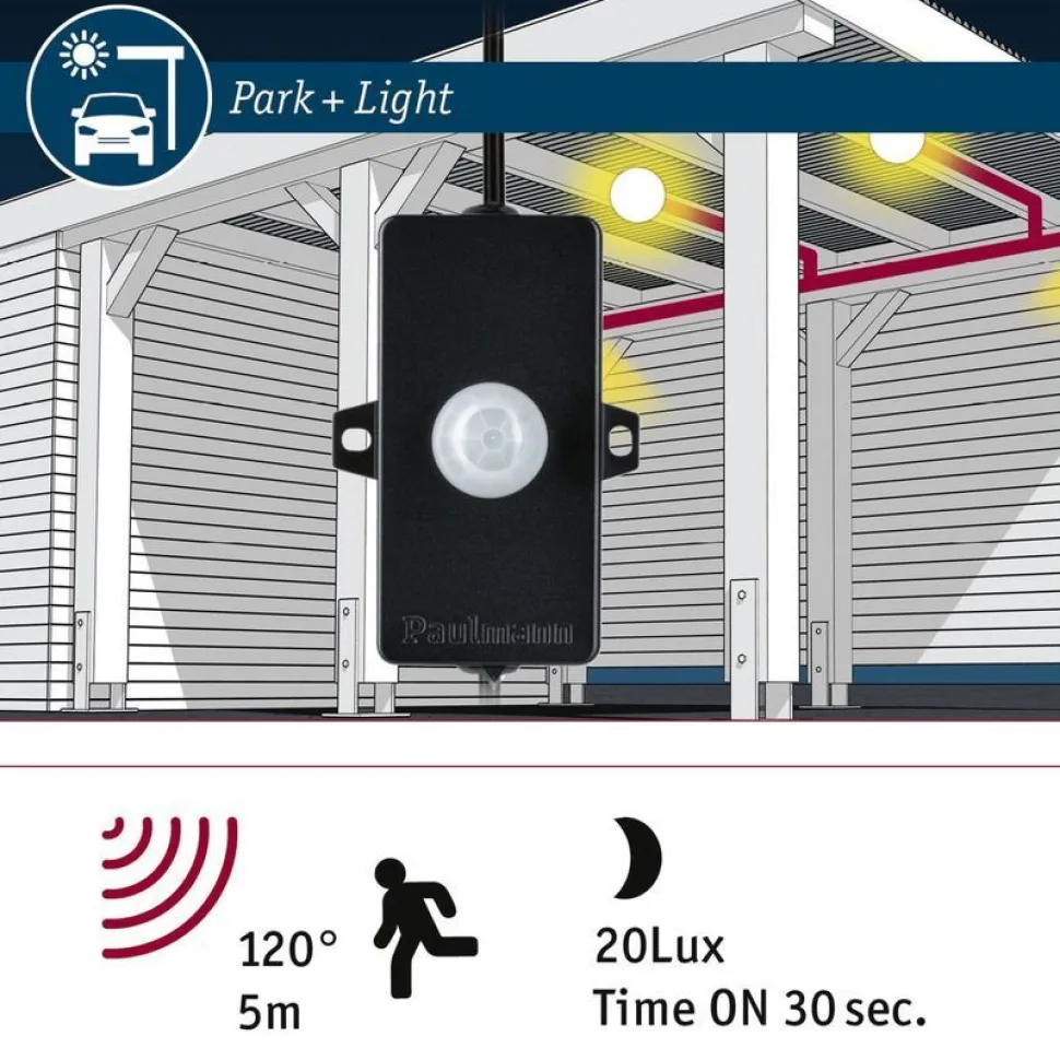 Ohjain liiketunnistimella Paulmann Park + Light, IP44, max.24W, musta