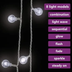 Pallo keijuvalonauha 20 m 200 LED-valoa kylmä valk. 8-toiminen