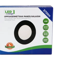 Paneelivalaisin Led Energie 6W 3CCT Ø121m, musta pyöreä, uppoasenteinen, himmennettävä