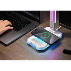 Pöytävalaisin FocusLight E-Sport, 9W + RGB 3W, CCT, langaton latausasema, valkoinen