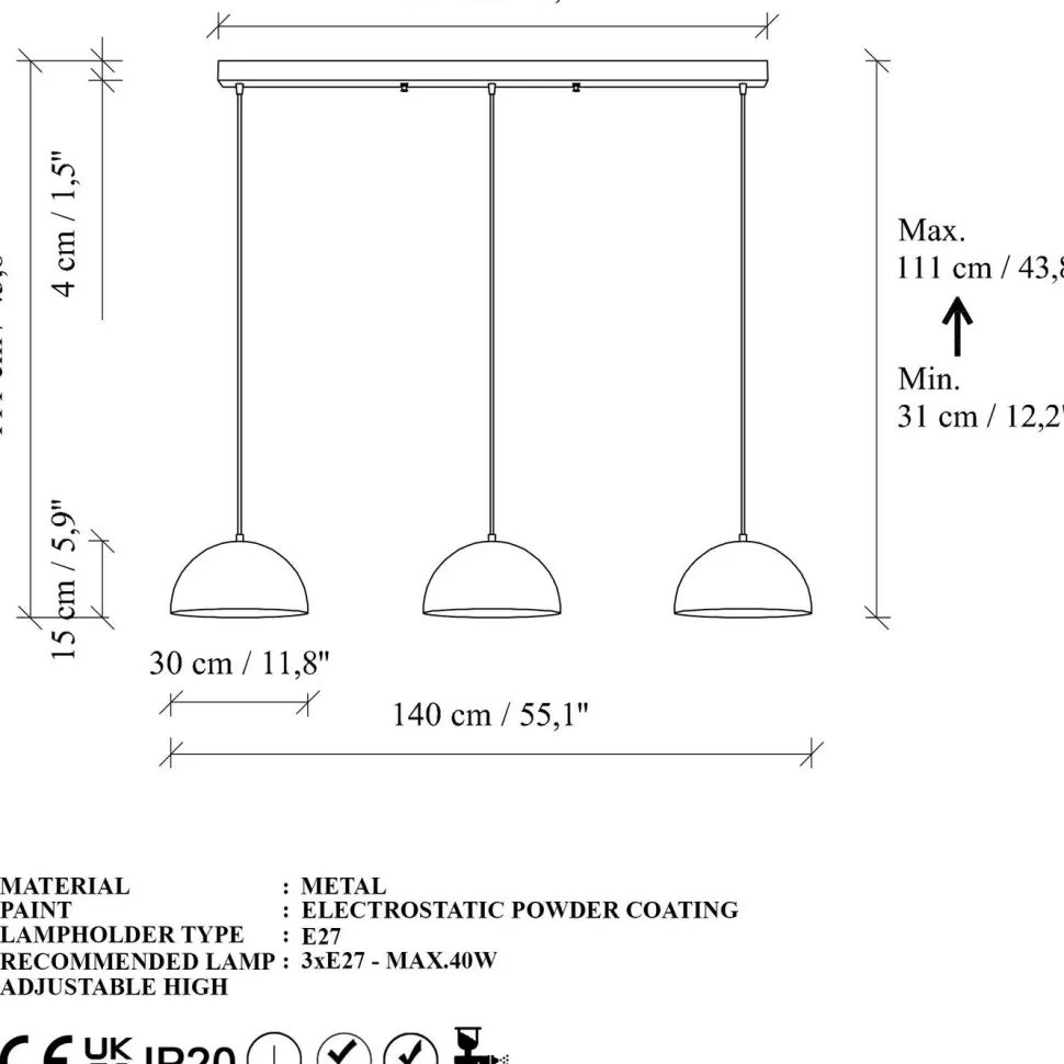 Riippuvalaisin Linento Lighting Kure 30 Mr-7213, 3-osainen, 140x30x111cm, musta