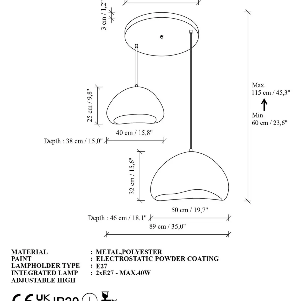 Riippuvalaisin Linento Lighting Lora 40-50-T-Luna, 2-osainen, valkoinen