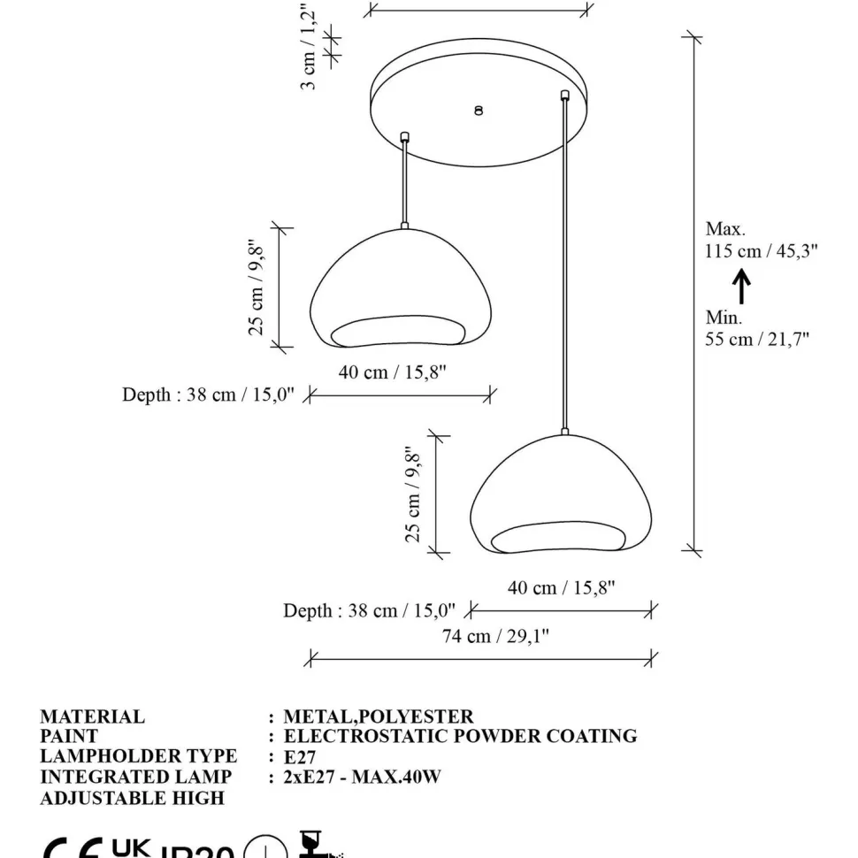 Riippuvalaisin Linento Lighting Lora 40-40-T-Nua, 2-osainen, valkoinen