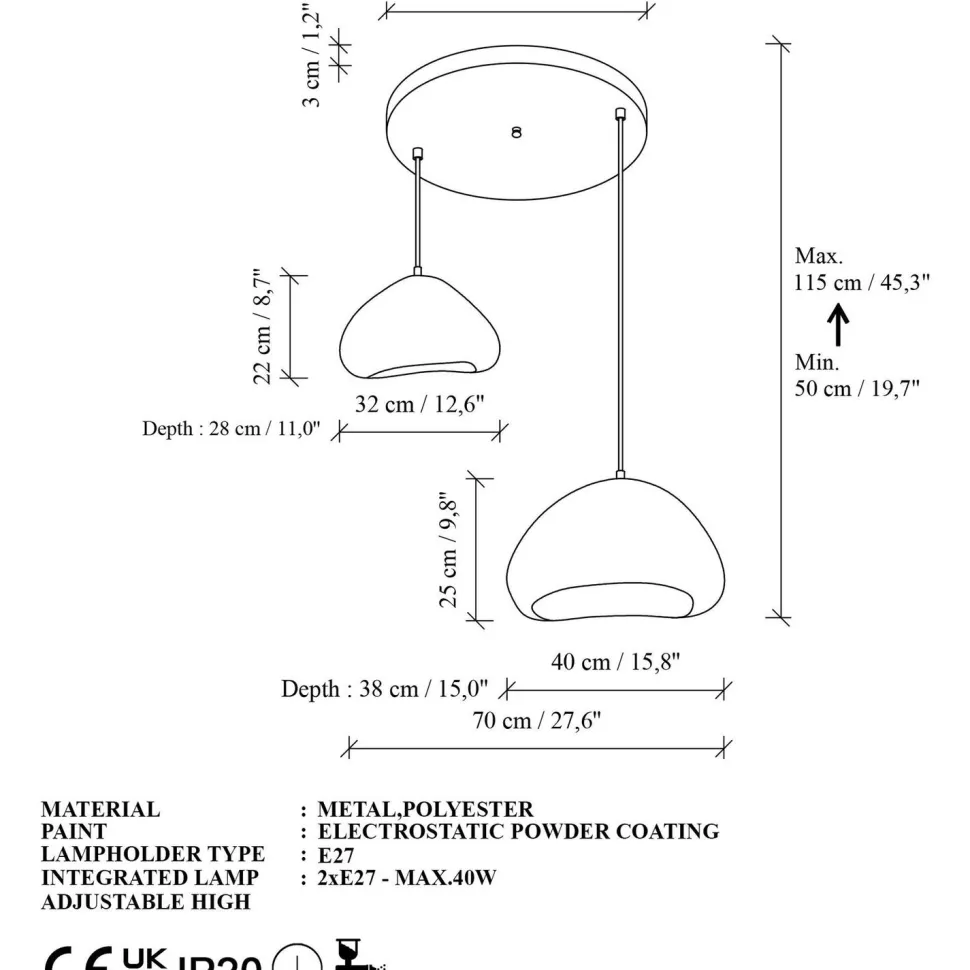 Riippuvalaisin Linento Lighting Lora 30-40-T-Nua, 2-osainen, valkoinen