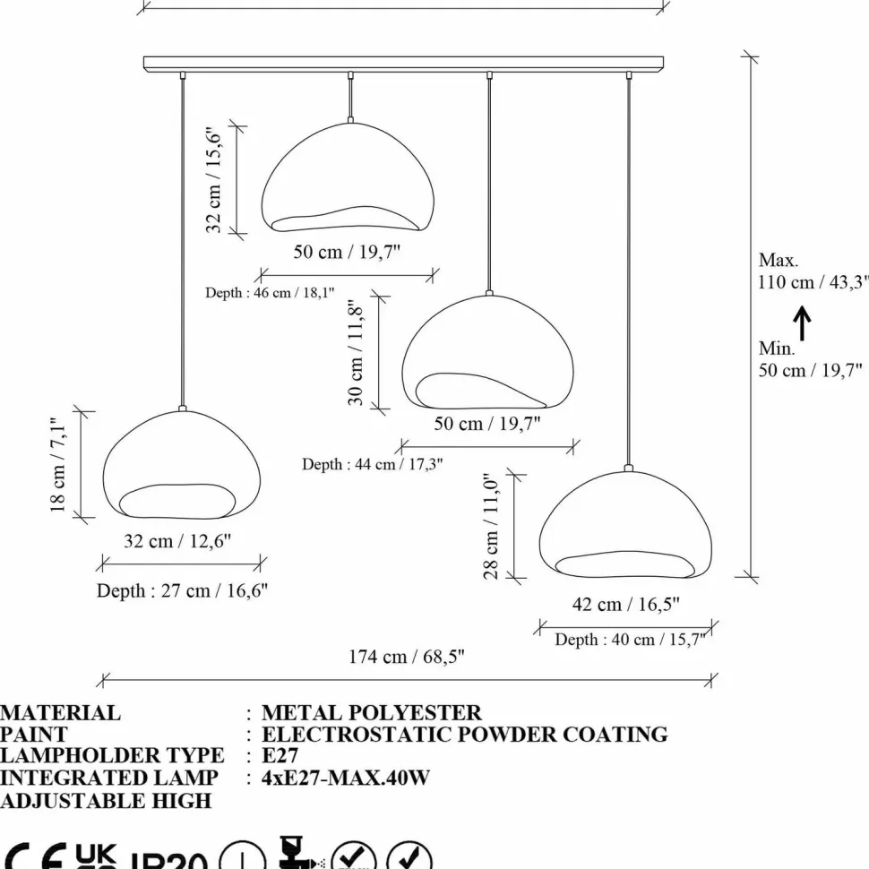 Riippuvalaisin Linento Lighting Loval Set-Lora-50-4-C-1001-Nua, 4-osainen, luonnonvalkoinen