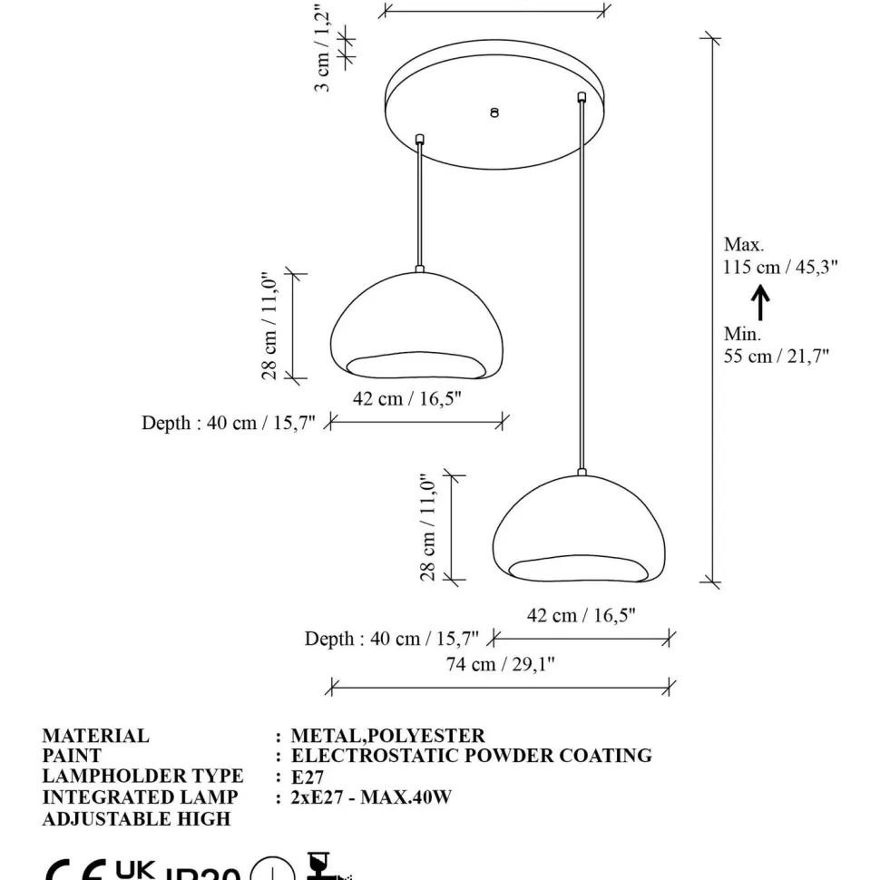 Riippuvalaisin Linento Lighting Loval 40-40-T-Nua, 2-osainen, valkoinen