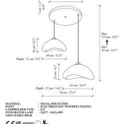 Riippuvalaisin Linento Lighting Luna 30-40-T-Nua, 2-osainen, säädettävä korkeus, valkoinen