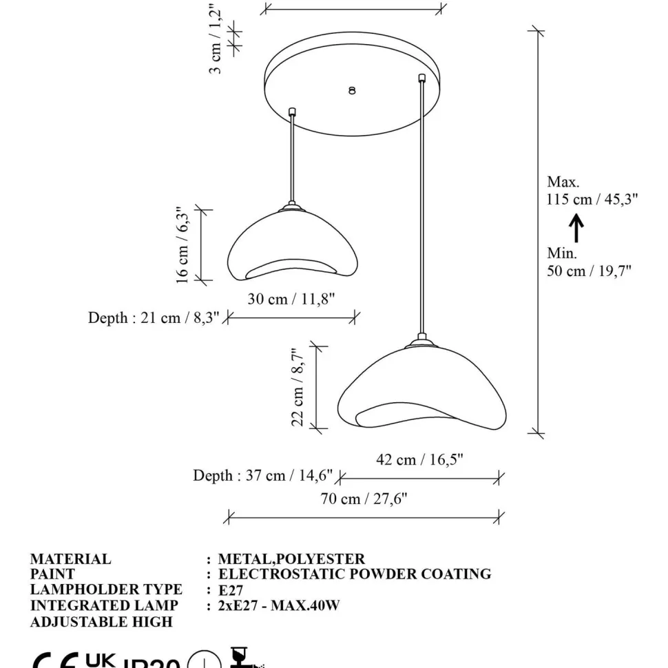 Riippuvalaisin Linento Lighting Luna 30-40-T-Nua, 2-osainen, valkoinen