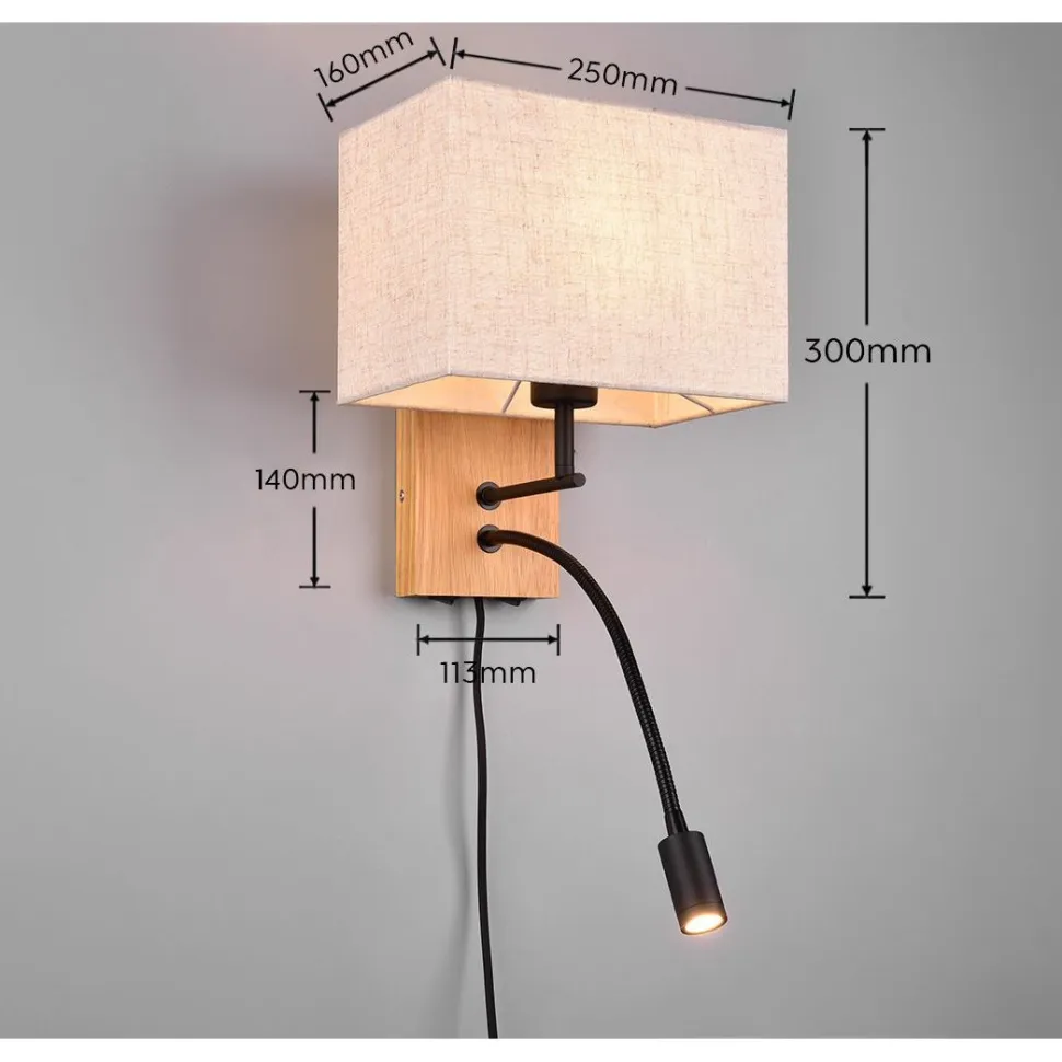 Seinävalaisin Trio Nilam lukuvalolla, 25cm, LED + E27, luonnonpuu