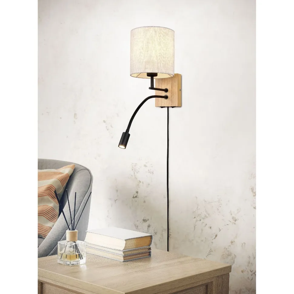 Seinävalaisin Trio Nilam lukuvalolla, 18cm, LED + E27, luonnonpuu