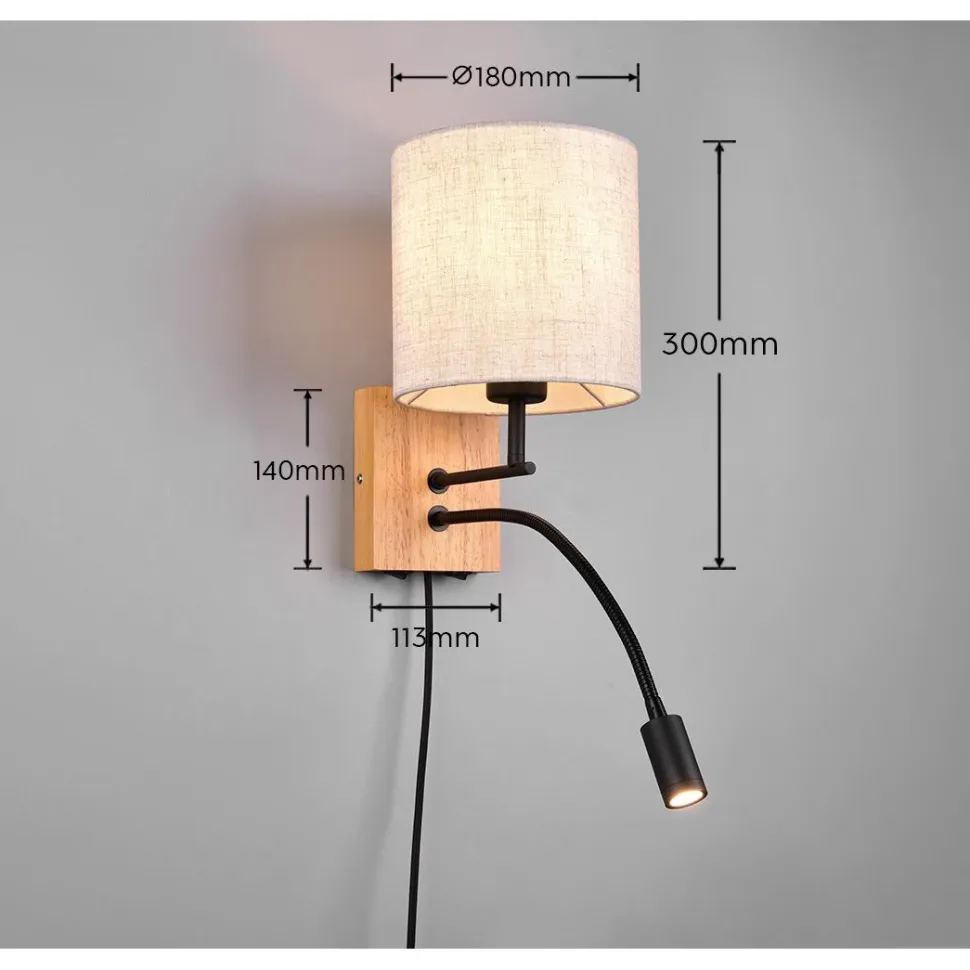 Seinävalaisin Trio Nilam lukuvalolla, 18cm, LED + E27, luonnonpuu