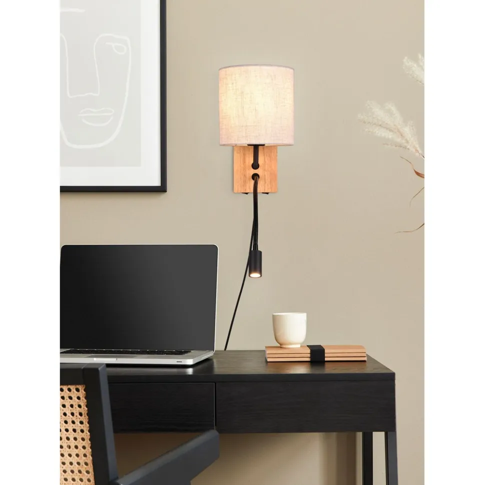 Seinävalaisin Trio Nilam lukuvalolla, 18cm, LED + E27, luonnonpuu