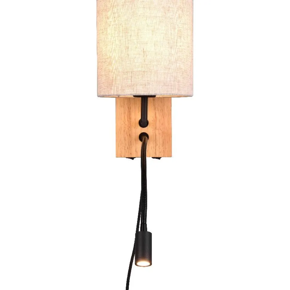 Seinävalaisin Trio Nilam lukuvalolla, 18cm, LED + E27, luonnonpuu