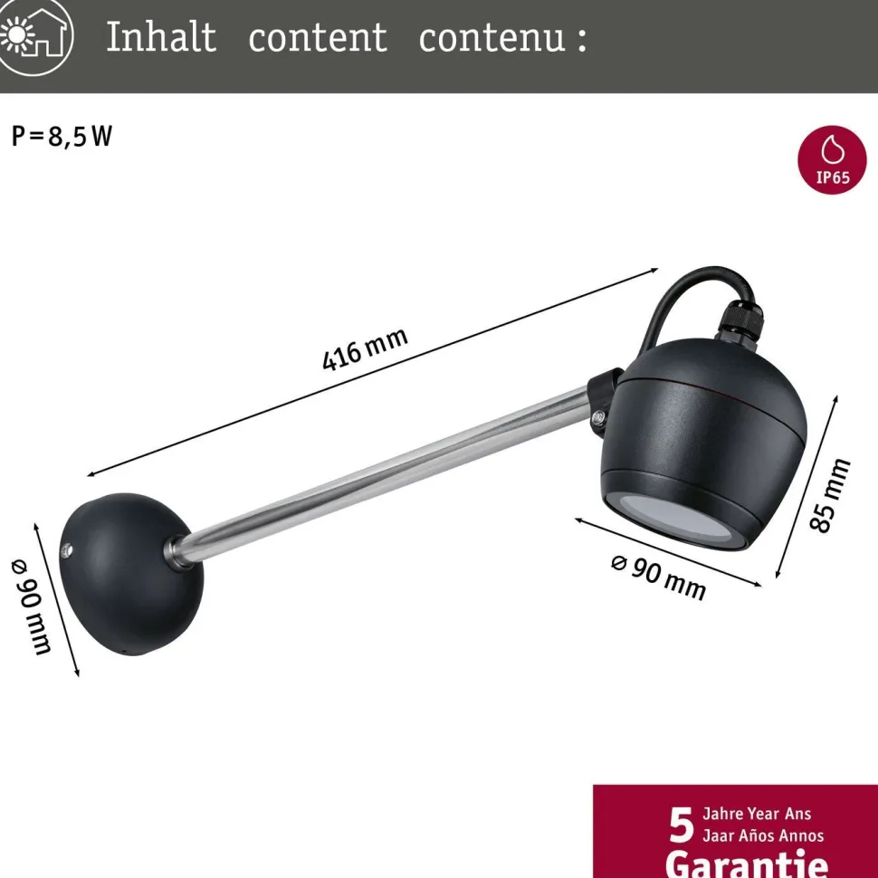 Ulkoseinävalaisin Paulmann Kikolo, IP65, 90mm, 3000K, antrasiitti