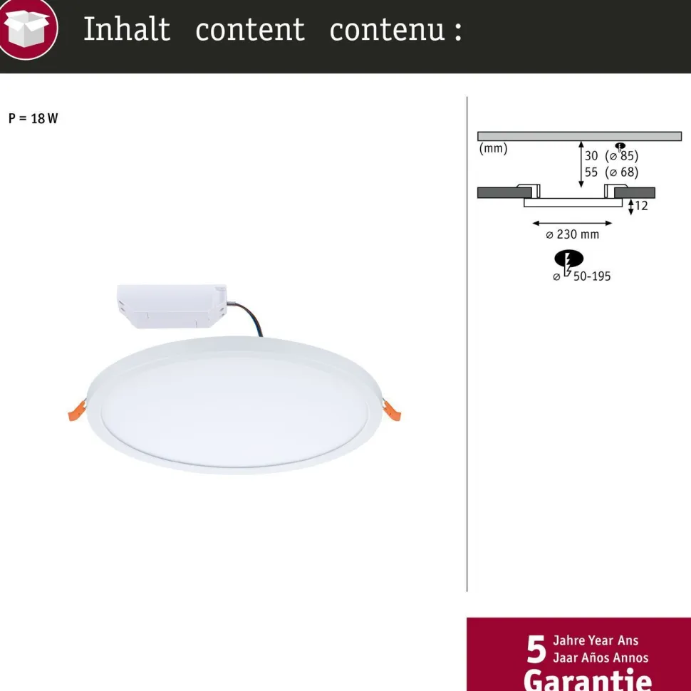 Upotettava LED-paneeli Paulmann VariFit Areo, IP44, Ø23cm, 16W, 4000K, himmennettävä, mattakromi