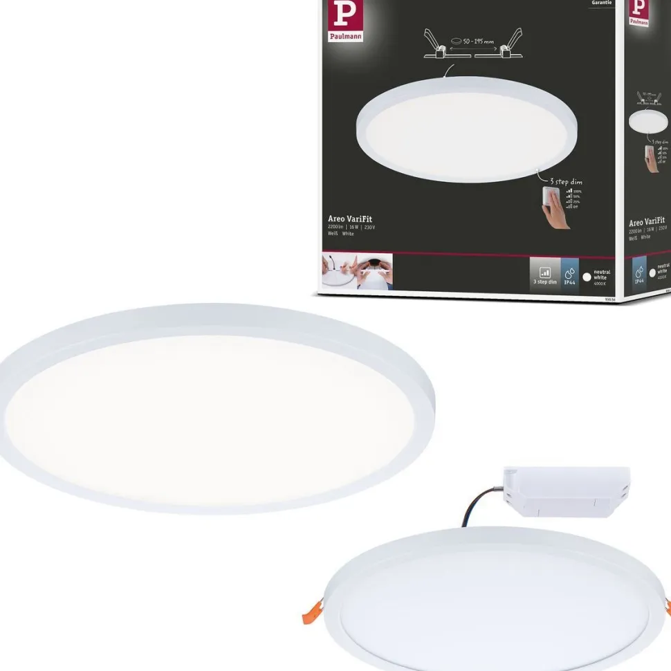 Upotettava LED-paneeli Paulmann VariFit Areo, IP44, Ø23cm, 16W, 4000K, himmennettävä, mattakromi