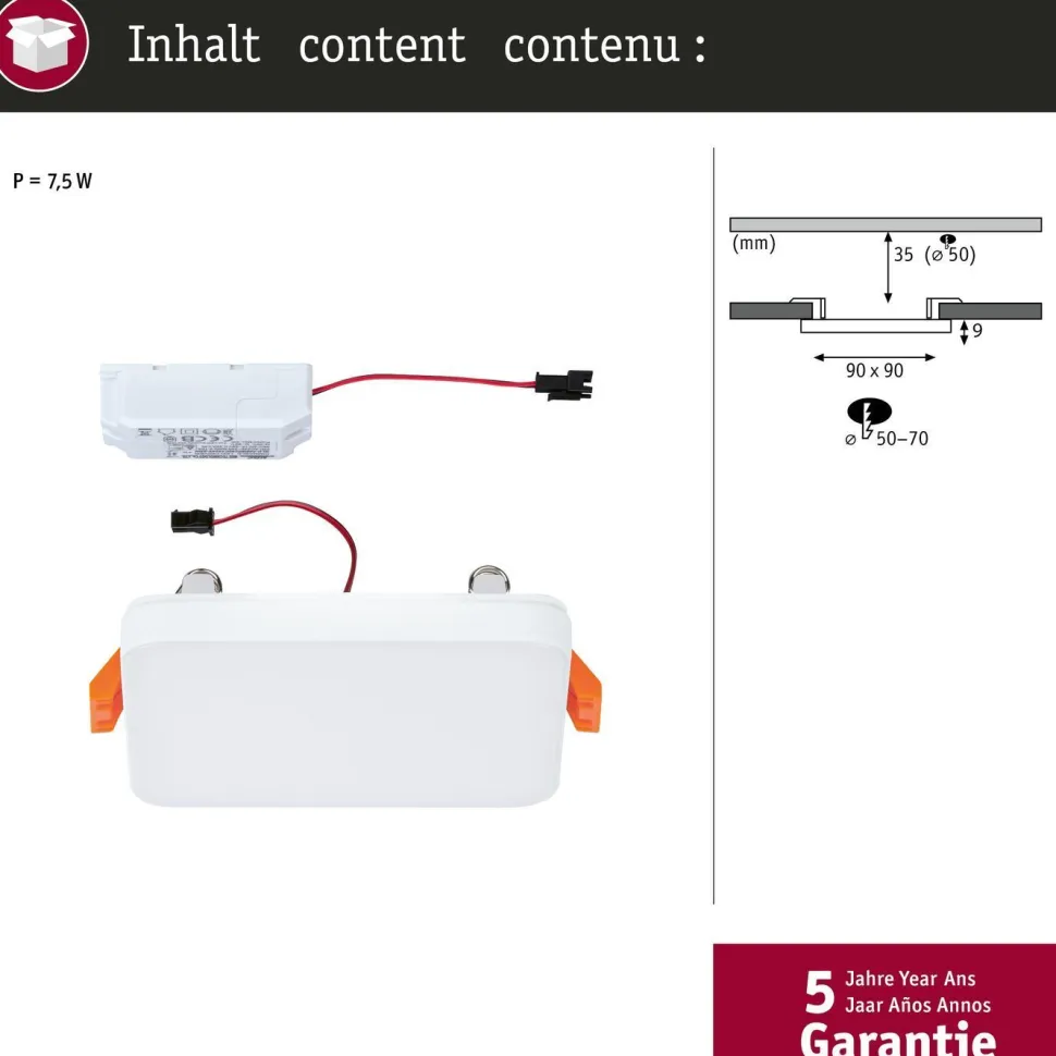 Upotettava LED-paneeli Paulmann VariFit Veluna Edge, IP44, 9x9cm, 6W, 3000K, himmennettävä, valkoinen