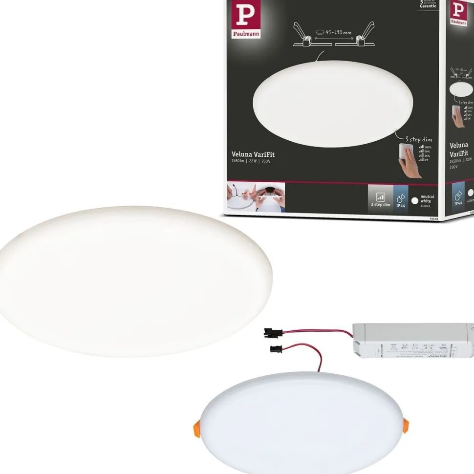 Upotettava LED-paneeli Paulmann VariFit Veluna, IP44, Ø21.5cm, 22W, 4000K, himmennettävä, satiini