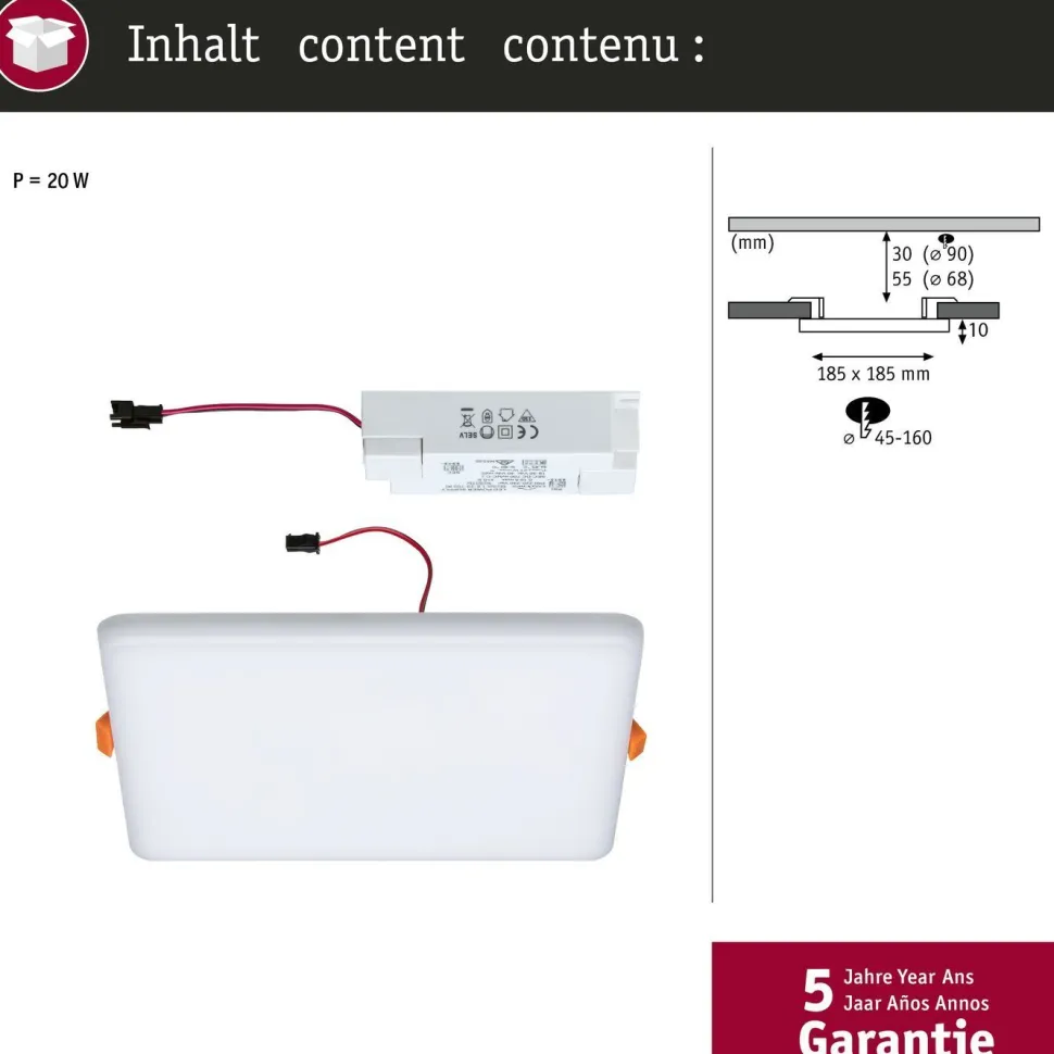 Upotettava LED-paneeli Paulmann Veluna, IP44, 18.5x18.5cm, 17W, 3000K, satiini