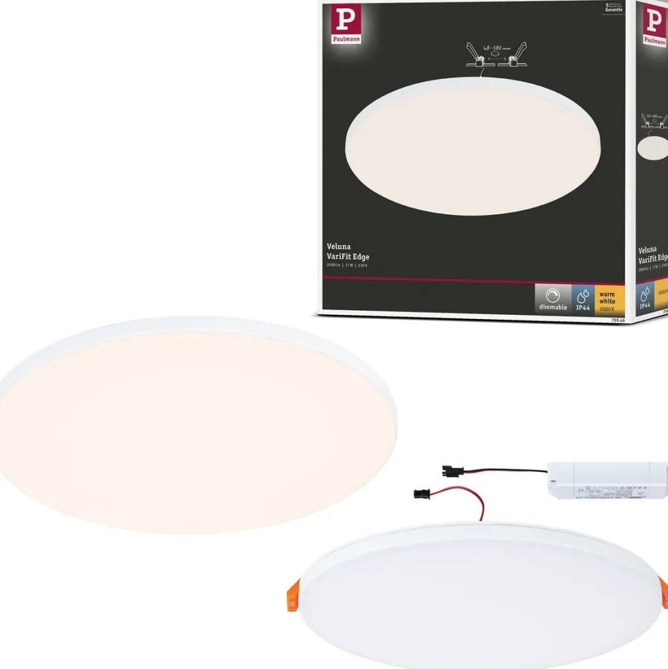 Upotettava LED-paneeli Paulmann VariFit Veluna Edge, IP44, Ø20cm, 17W, 3000K, himmennettävä, valkoinen