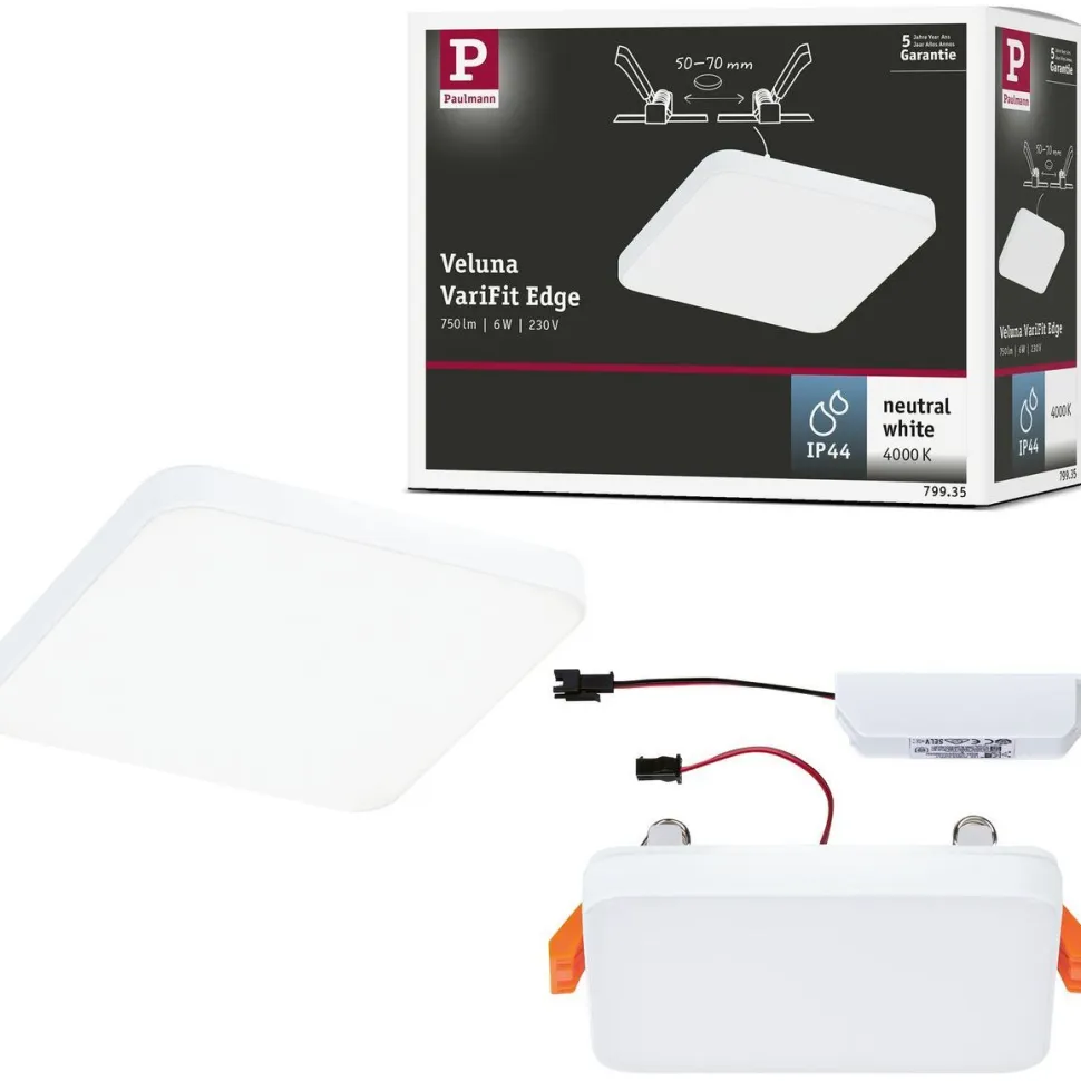 Upotettava LED-paneeli Paulmann VariFit Veluna Edge, IP44, 9x9cm, 6W, 4000K, valkoinen