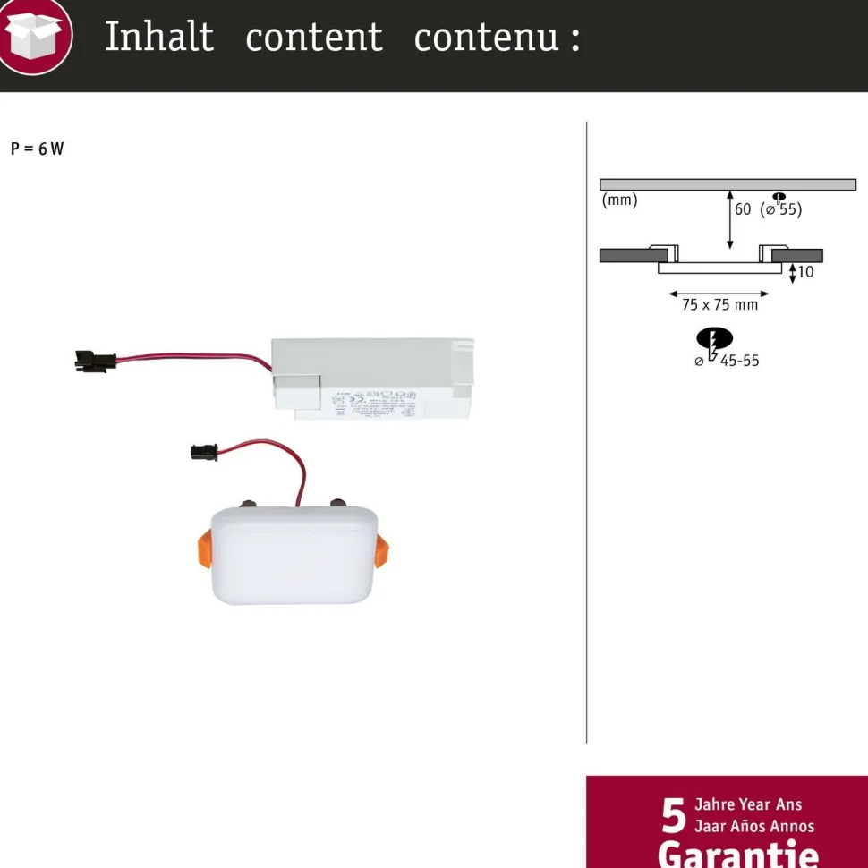 Upotettava LED-paneeli Paulmann Veluna, IP44, 7.5x7.5cm, 4.5W, 4000K, satiini