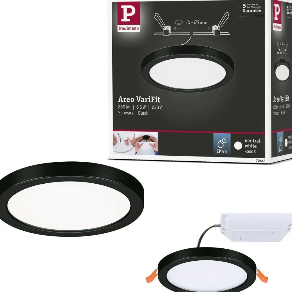 Upotettava LED-paneeli Paulmann VariFit Areo, IP44, Ø118mm, 6.5W, 4000K, musta