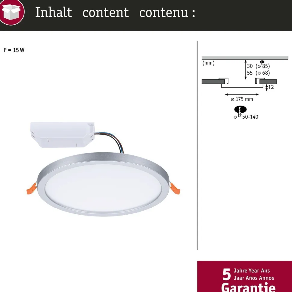 Upotettava LED-paneeli Paulmann VariFit Areo, IP44, Ø17.5cm, 13W, säädettävä värilämpötila, mattakromi