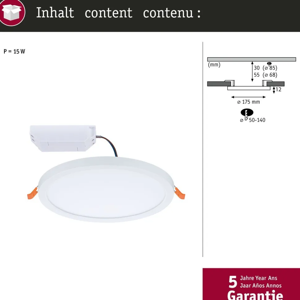 Upotettava LED-paneeli Paulmann VariFit Areo, IP44, Ø17.5cm, 13W, 3000K, himmennettävä, valkoinen