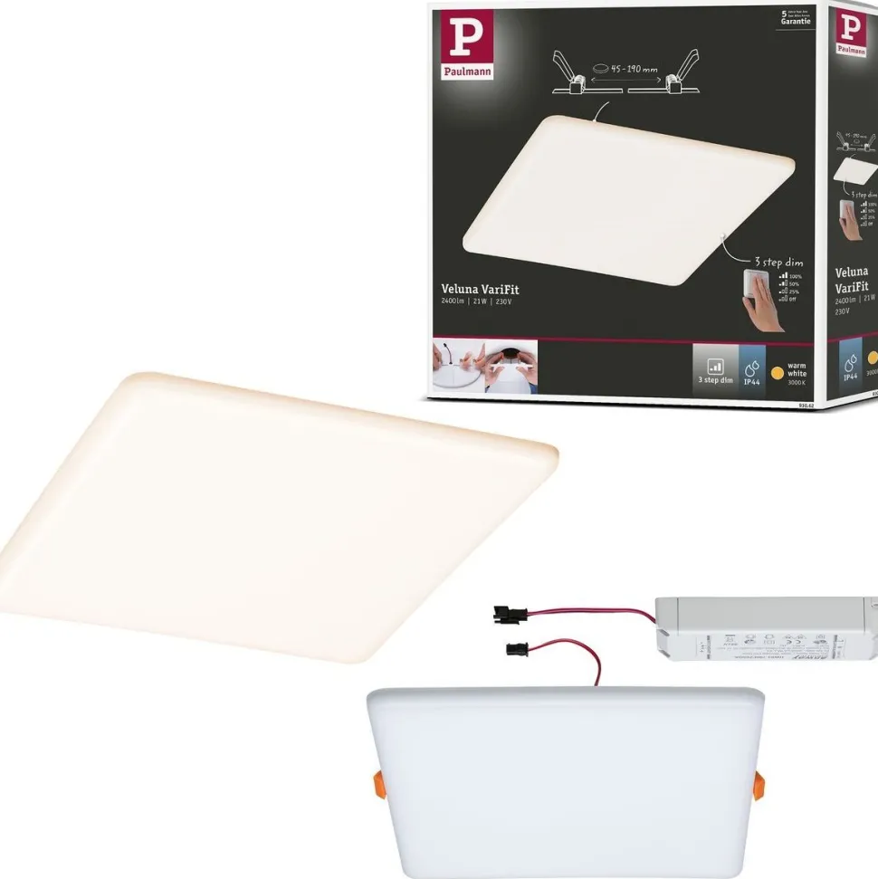 Upotettava LED-paneeli Paulmann VariFit Veluna, IP44, 21.5x21.5cm, 21W, 3000K, himmennettävä, satiini
