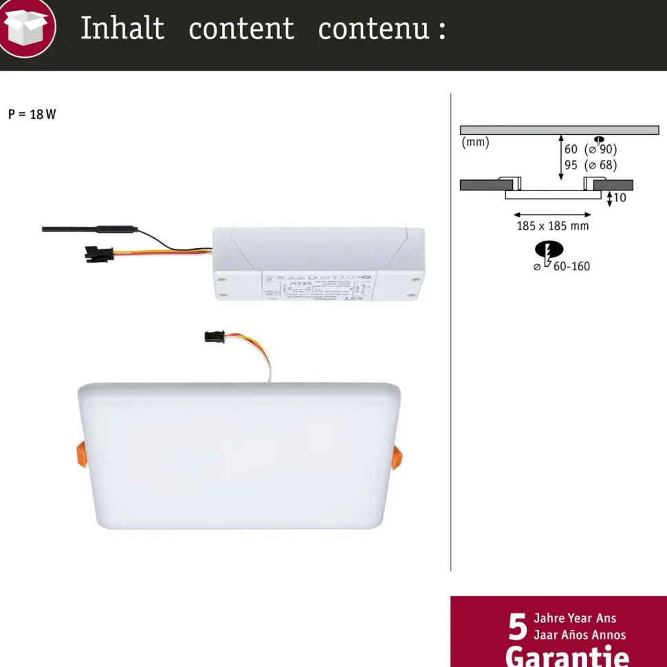 Upotettava LED-paneeli Paulmann Veluna, Smart Home Zigbee 3.0, IP44, 18.5x18.5cm, 14W, säädettävä värilämpötila, himmennettävä