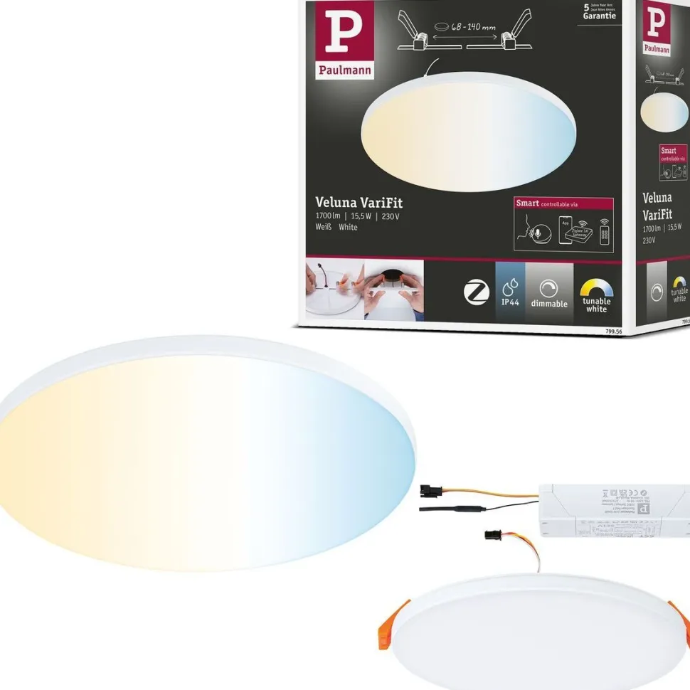 Upotettava LED-paneeli Paulmann Veluna Edge, Smart Home Zigbee 3.0, IP44, Ø16cm, 15.5W, säädettävä värilämpötila, valkoinen