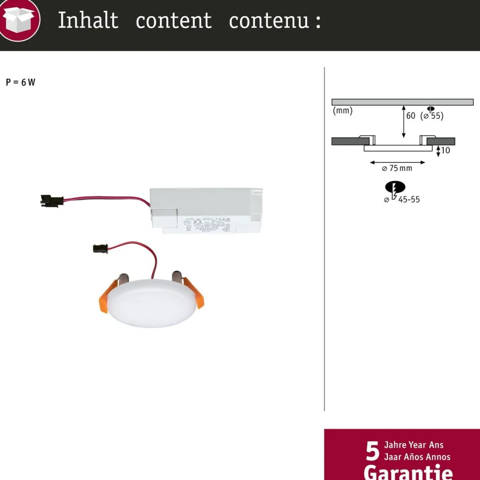 Upotettava LED-paneeli Paulmann Veluna, IP44, Ø7.5cm, 4.5W, 3000K, satiini