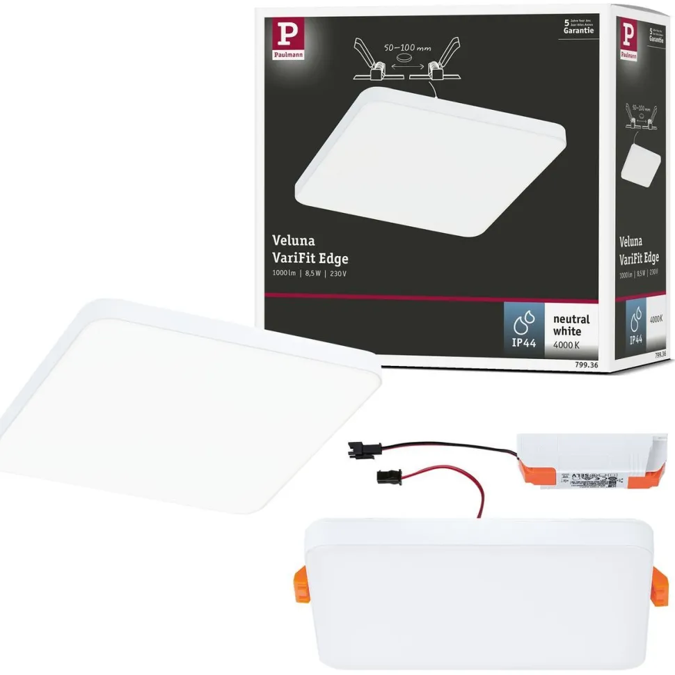 Upotettava LED-paneeli Paulmann VariFit Veluna Edge, IP44, 12x12cm, 8.5W, 4000K, valkoinen