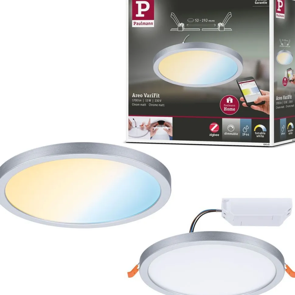 Upotettava LED-paneeli Paulmann VariFit Areo, Smart Home Zigbee 3.0, IP44, Ø17.5cm, 13W, säädettävä värilämpötila, mattakromi