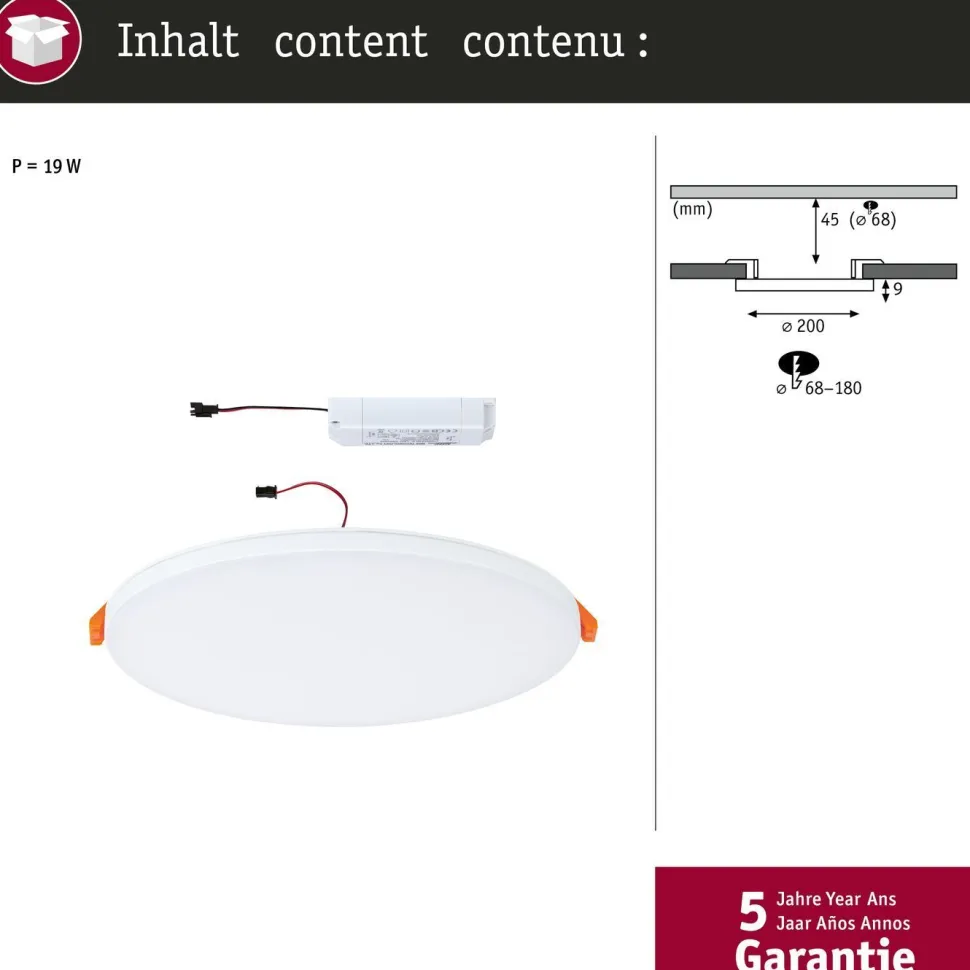 Upotettava LED-paneeli Paulmann VariFit Veluna Edge, IP44, Ø20cm, 17W, 4000K, himmennettävä, valkoinen