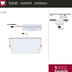 Upotettava LED-paneeli Paulmann Veluna, Smart Home Zigbee 3.0, IP44, 21.5x21.5cm, 17W, säädettävä värilämpötila, himmennettävä