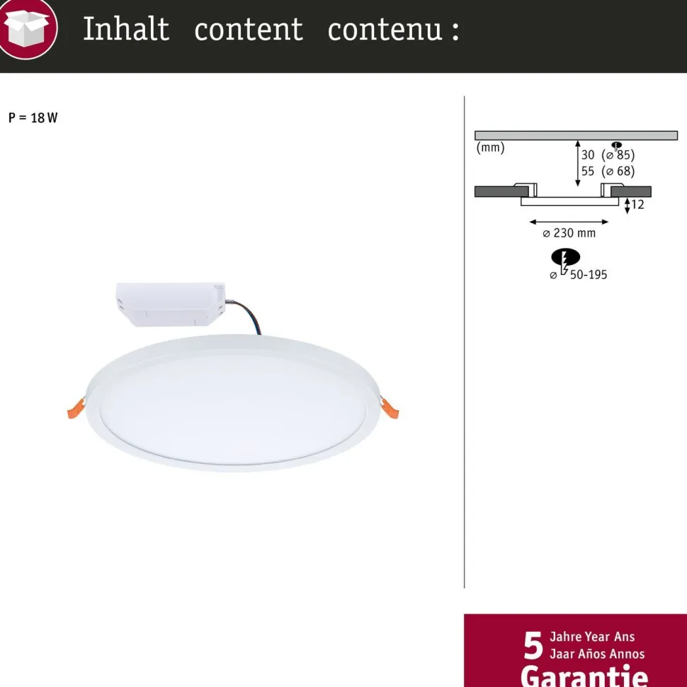 Upotettava LED-paneeli Paulmann VariFit Areo, IP44, Ø23cm, 16W, 3000K, himmennettävä, valkoinen