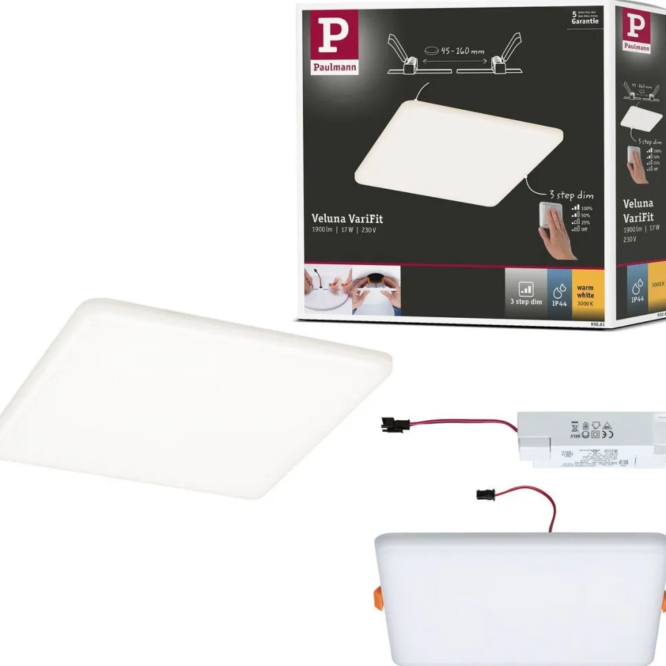 Upotettava LED-paneeli Paulmann VariFit Veluna, IP44, 18.5x18.5cm, 17W, 3000K, himmennettävä, satiini